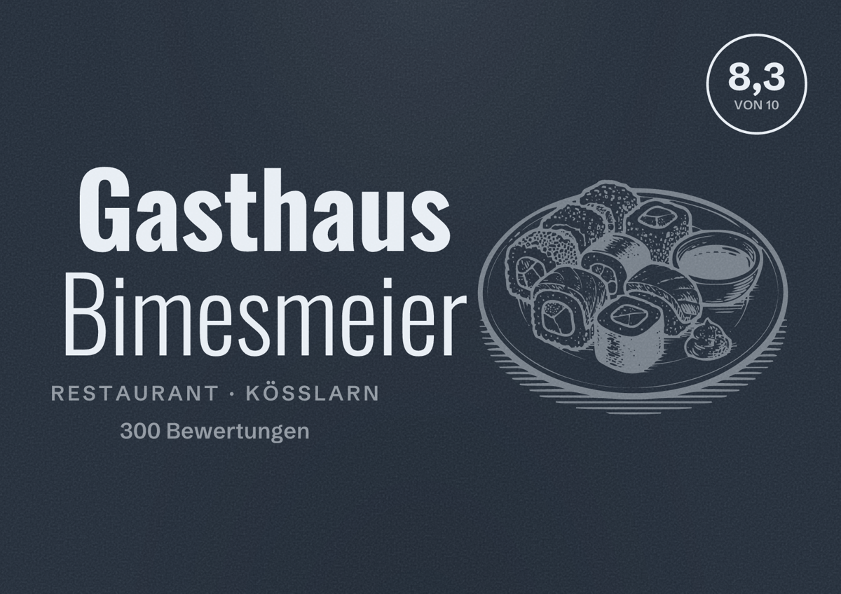 Illustriertes Poster von Gasthaus Bimesmeier, Restaurant in Kößlarn: Bewertung 8,3 von 10 aus 300 Bewertungen