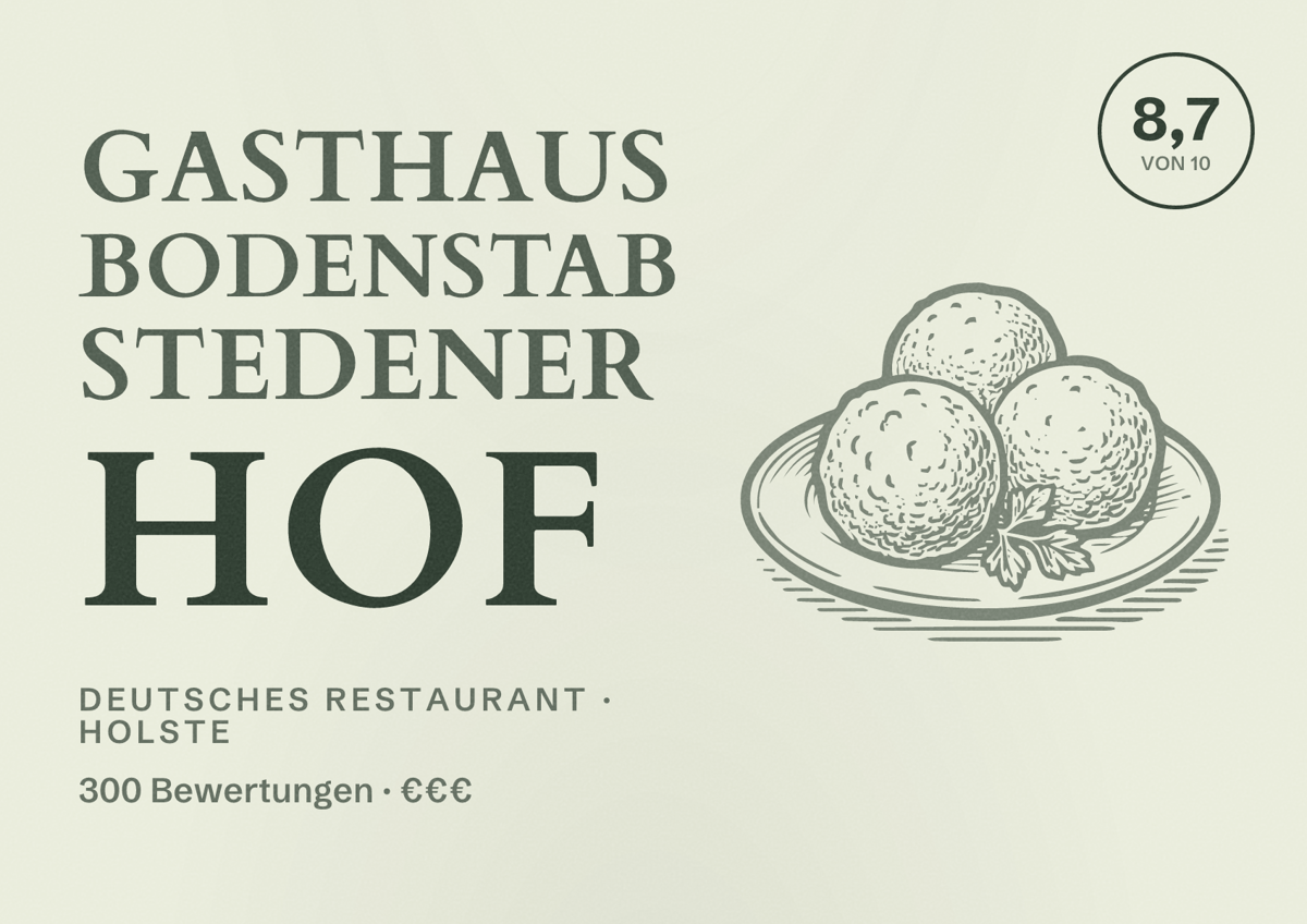 Illustriertes Poster von Gasthaus Bodenstab Stedener Hof, Deutsches Restaurant in Holste: Bewertung 8,7 von 10 aus 300 Bewertungen, Preisniveau €€€