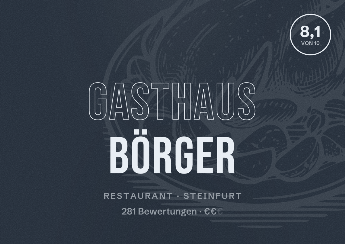 Illustriertes Poster von Gasthaus Börger, Restaurant in Steinfurt: Bewertung 8,1 von 10 aus 281 Bewertungen, Preisniveau €€