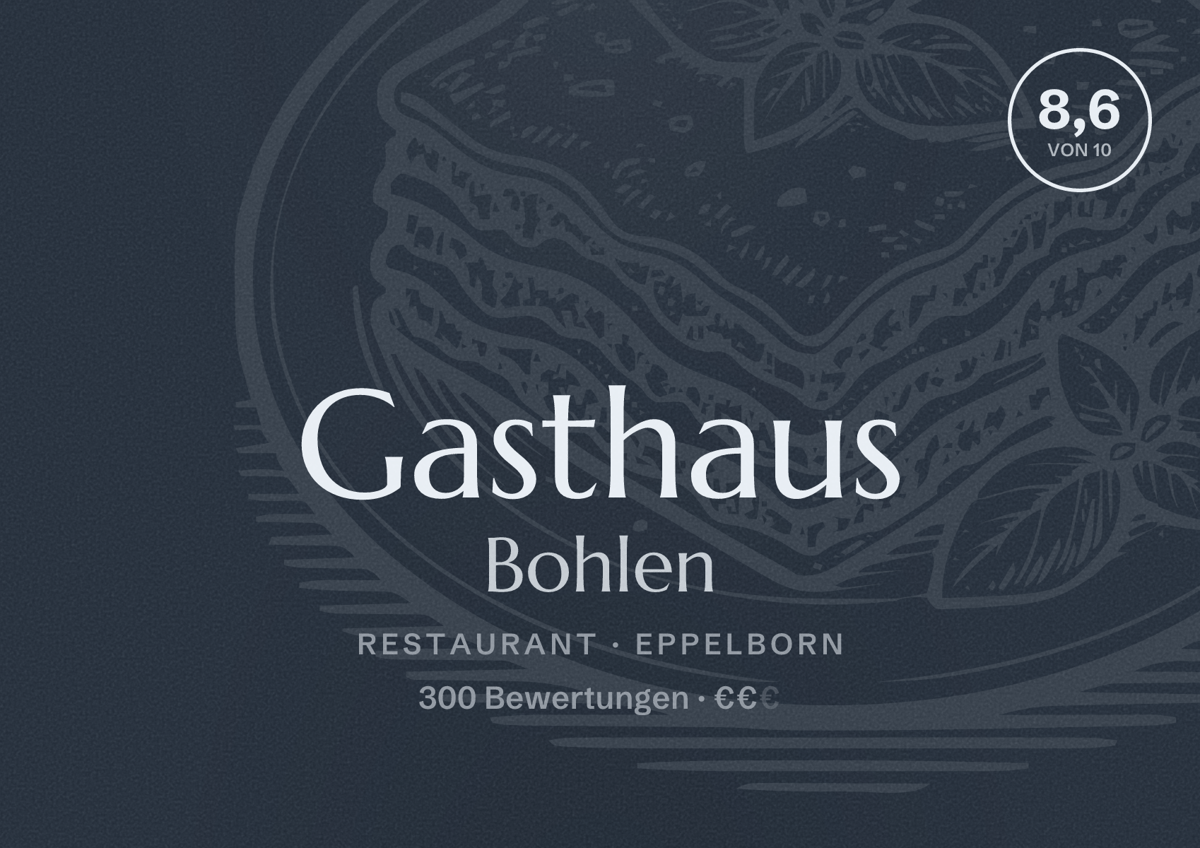 Illustriertes Poster von Gasthaus Bohlen, Restaurant in Eppelborn: Bewertung 8,6 von 10 aus 300 Bewertungen, Preisniveau €€