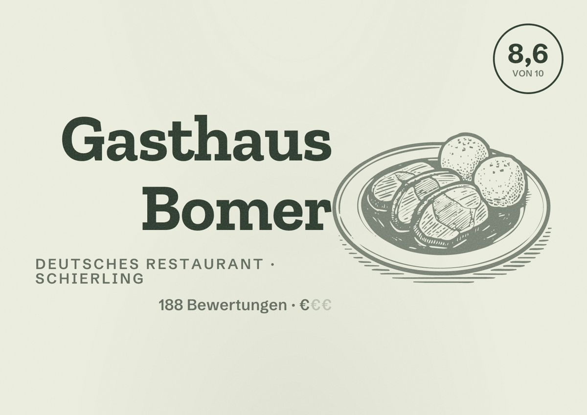 Illustriertes Poster von Gasthaus Bomer, Deutsches Restaurant in Schierling: Bewertung 8,6 von 10 aus 188 Bewertungen, Preisniveau €