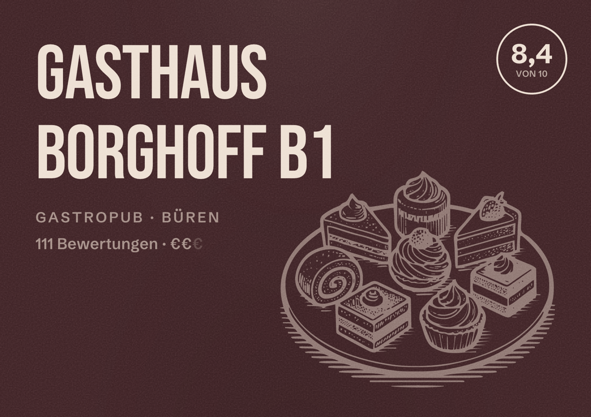 Illustriertes Poster von Gasthaus Borghoff B1, Gastropub in Büren: Bewertung 8,4 von 10 aus 111 Bewertungen, Preisniveau €€