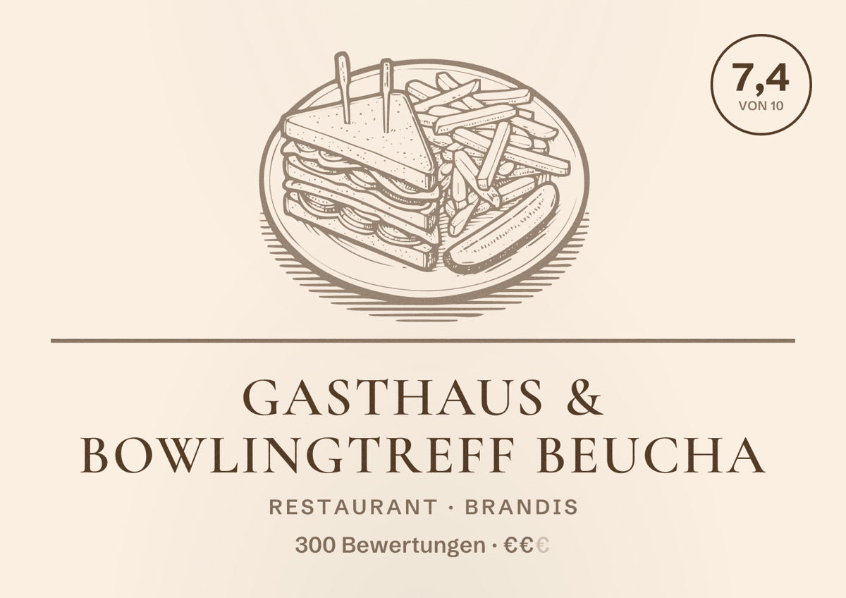 Illustriertes Poster von Gasthaus & Bowlingtreff Beucha, Restaurant in Brandis: Bewertung 7,4 von 10 aus 300 Bewertungen, Preisniveau €€