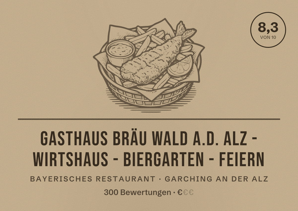 Illustriertes Poster von Gasthaus Bräu Wald a.d. Alz - Wirtshaus - Biergarten - Feiern, Bayerisches Restaurant in Garching an der Alz: Bewertung 8,3 von 10 aus 300 Bewertungen, Preisniveau €