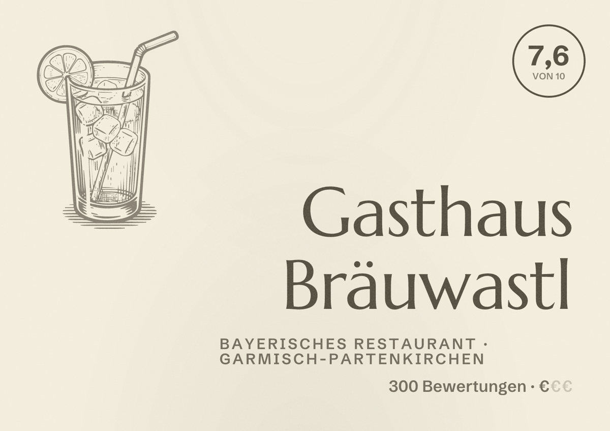 Illustriertes Poster von Gasthaus Bräuwastl, Bayerisches Restaurant in Garmisch-Partenkirchen: Bewertung 7,6 von 10 aus 300 Bewertungen, Preisniveau €