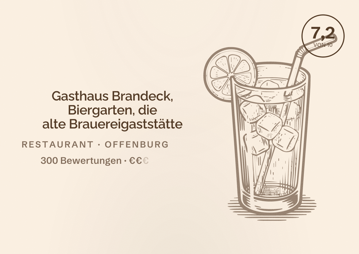 Illustriertes Poster von Gasthaus Brandeck, Biergarten, die alte Brauereigaststätte, Restaurant in Offenburg: Bewertung 7,2 von 10 aus 300 Bewertungen, Preisniveau €€
