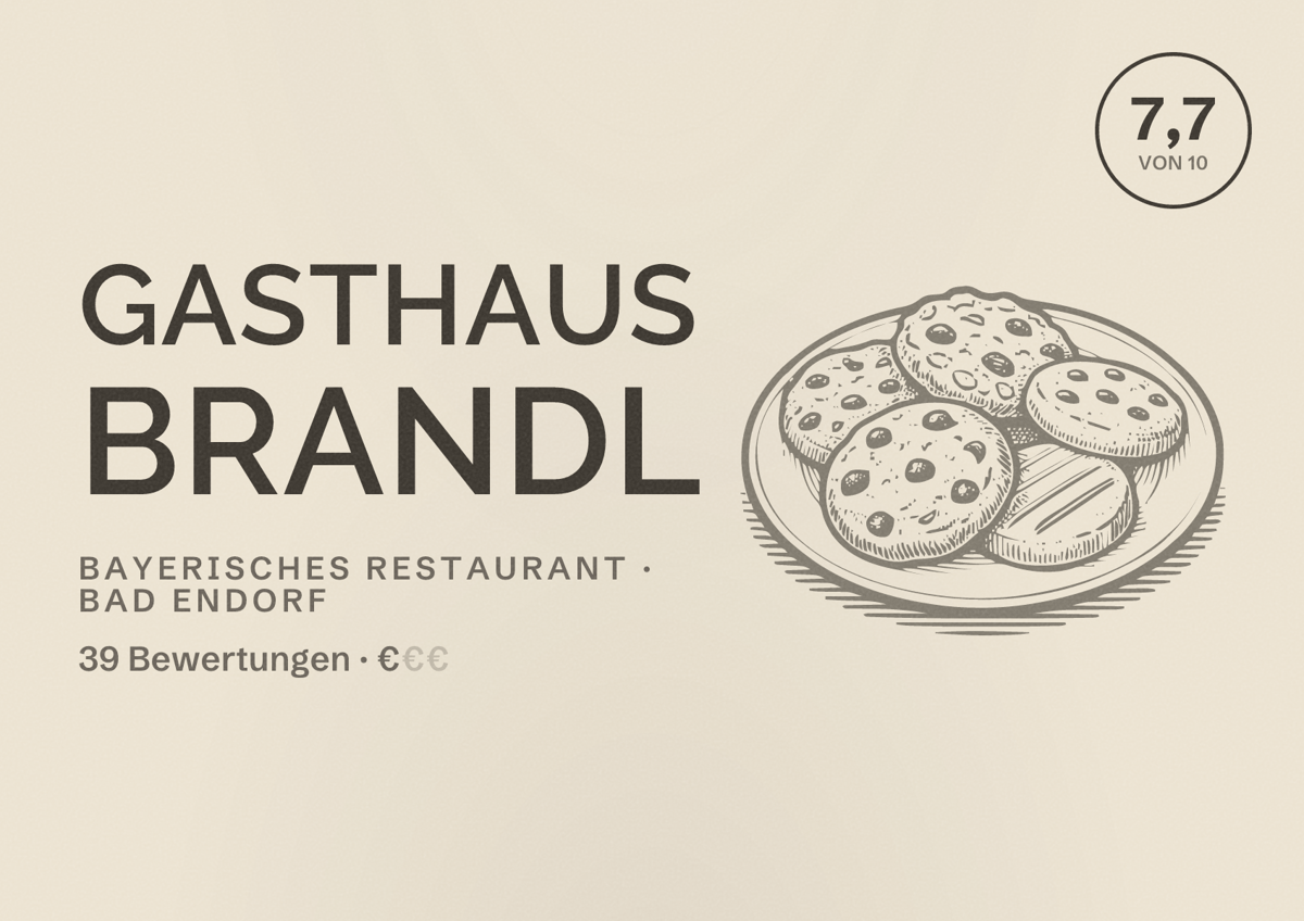 Illustriertes Poster von Gasthaus Brandl, Bayerisches Restaurant in Bad Endorf: Bewertung 7,7 von 10 aus 39 Bewertungen, Preisniveau €