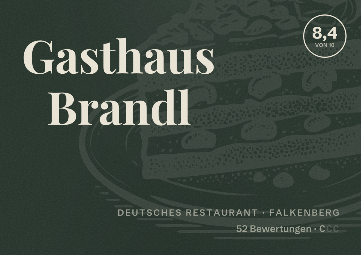 Illustriertes Poster von Gasthaus Brandl, Deutsches Restaurant in Falkenberg: Bewertung 8,4 von 10 aus 52 Bewertungen, Preisniveau €