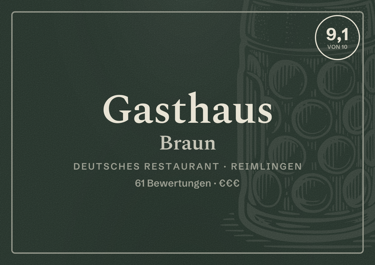 Illustriertes Poster von Gasthaus Braun, Deutsches Restaurant in Reimlingen: Bewertung 9,1 von 10 aus 61 Bewertungen, Preisniveau €€€