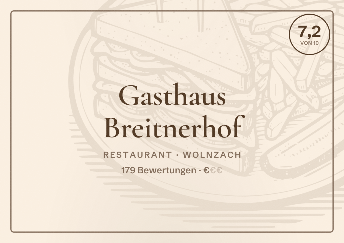 Illustriertes Poster von Gasthaus Breitnerhof, Restaurant in Wolnzach: Bewertung 7,2 von 10 aus 179 Bewertungen, Preisniveau €