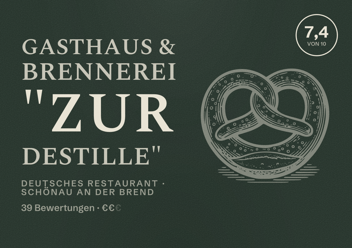 Illustriertes Poster von Gasthaus & Brennerei "Zur Destille", Deutsches Restaurant in Schönau an der Brend: Bewertung 7,4 von 10 aus 39 Bewertungen, Preisniveau €€