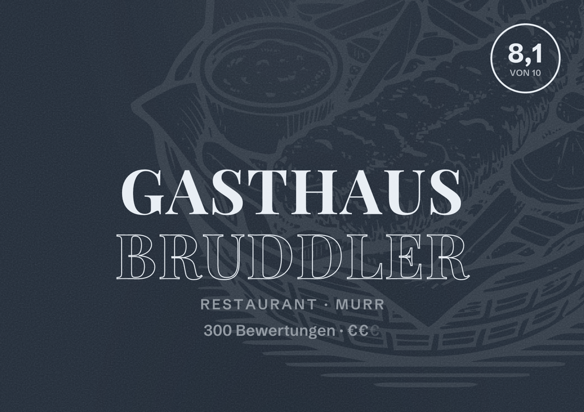 Illustriertes Poster von Gasthaus Bruddler, Restaurant in Murr: Bewertung 8,1 von 10 aus 300 Bewertungen, Preisniveau €€