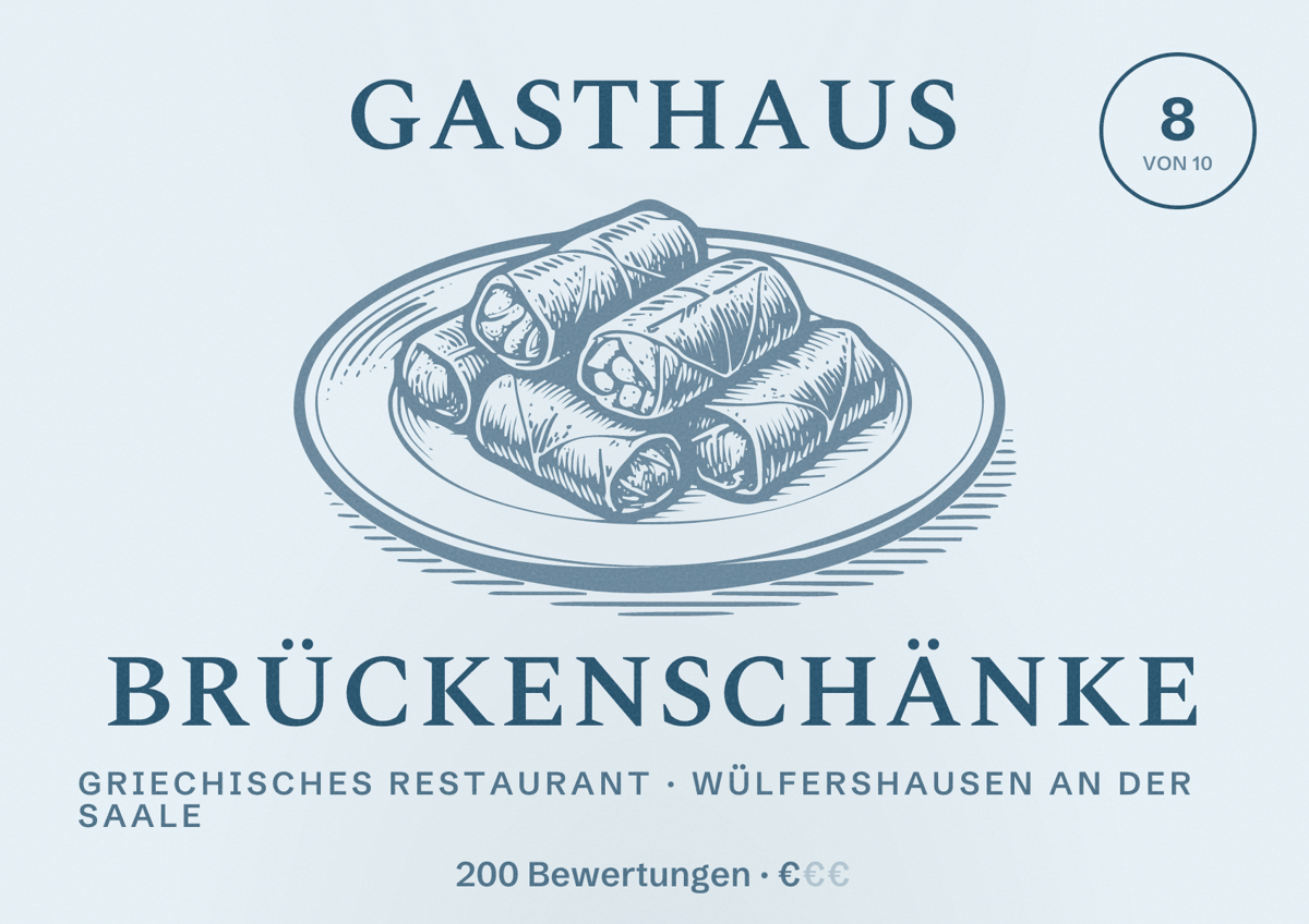 Illustriertes Poster von Gasthaus Brückenschänke, Griechisches Restaurant in Wülfershausen an der Saale: Bewertung 8 von 10 aus 200 Bewertungen, Preisniveau €