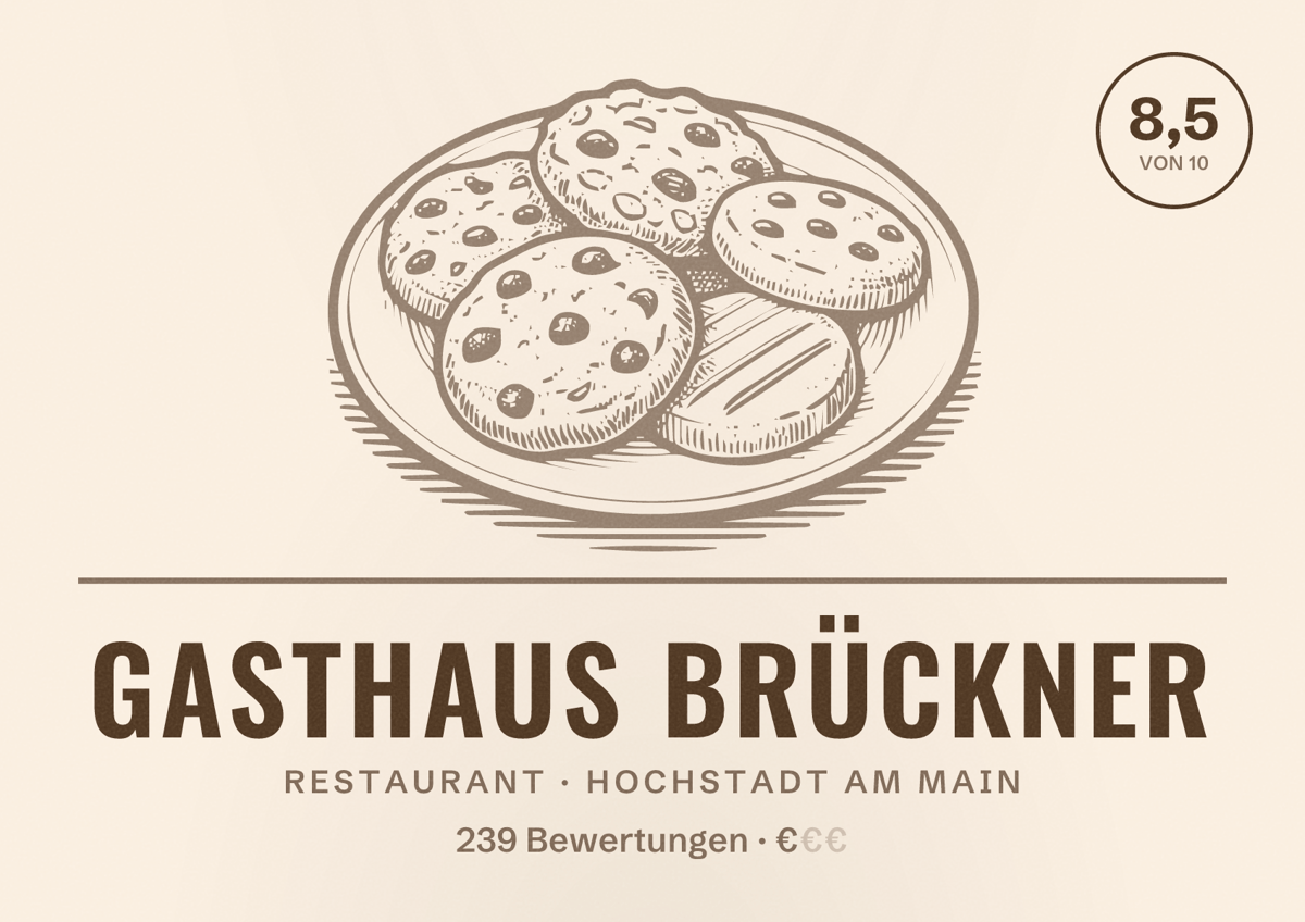 Illustriertes Poster von Gasthaus Brückner, Restaurant in Hochstadt am Main: Bewertung 8,5 von 10 aus 239 Bewertungen, Preisniveau €