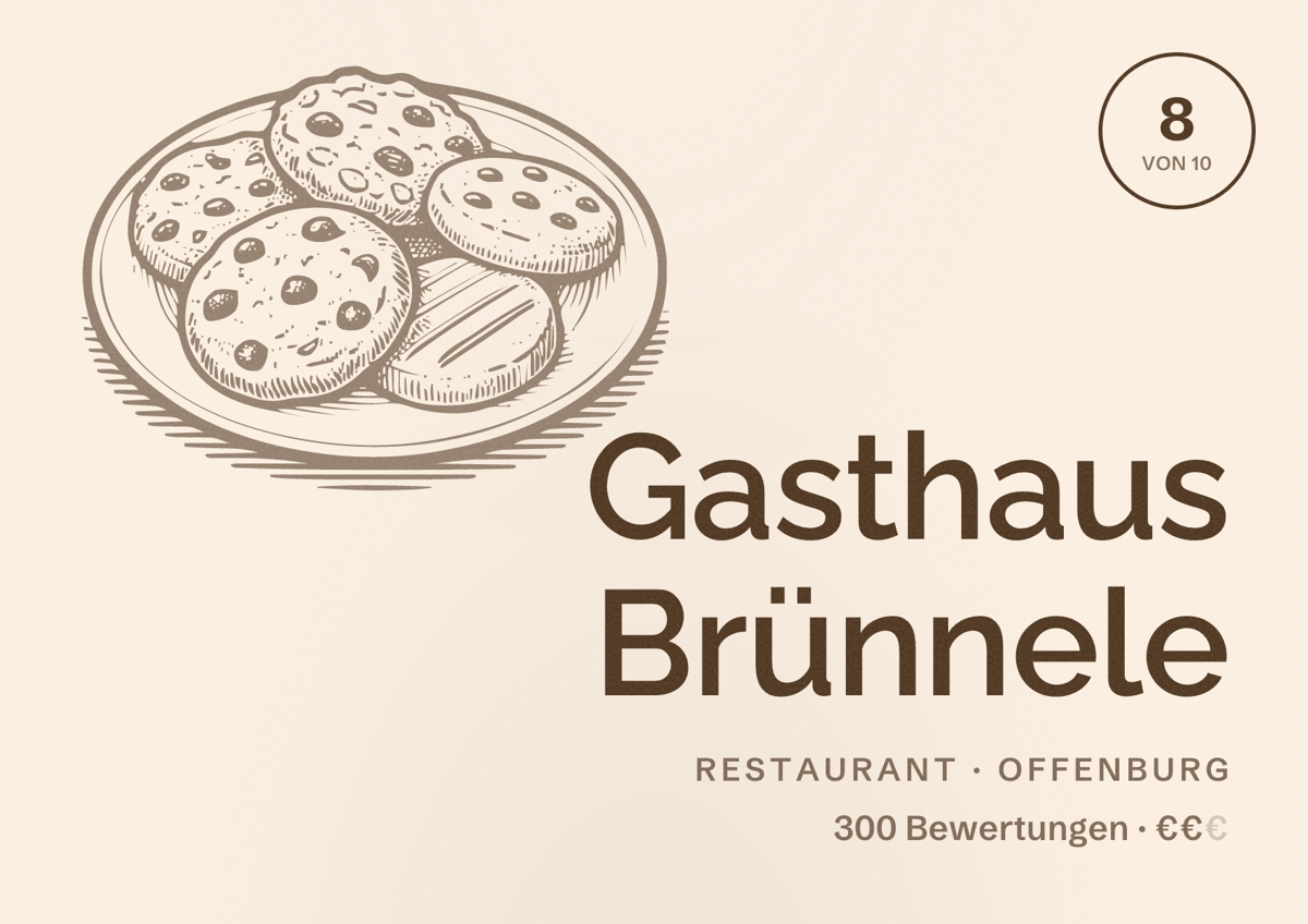 Illustriertes Poster von Gasthaus Brünnele, Restaurant in Offenburg: Bewertung 8 von 10 aus 300 Bewertungen, Preisniveau €€