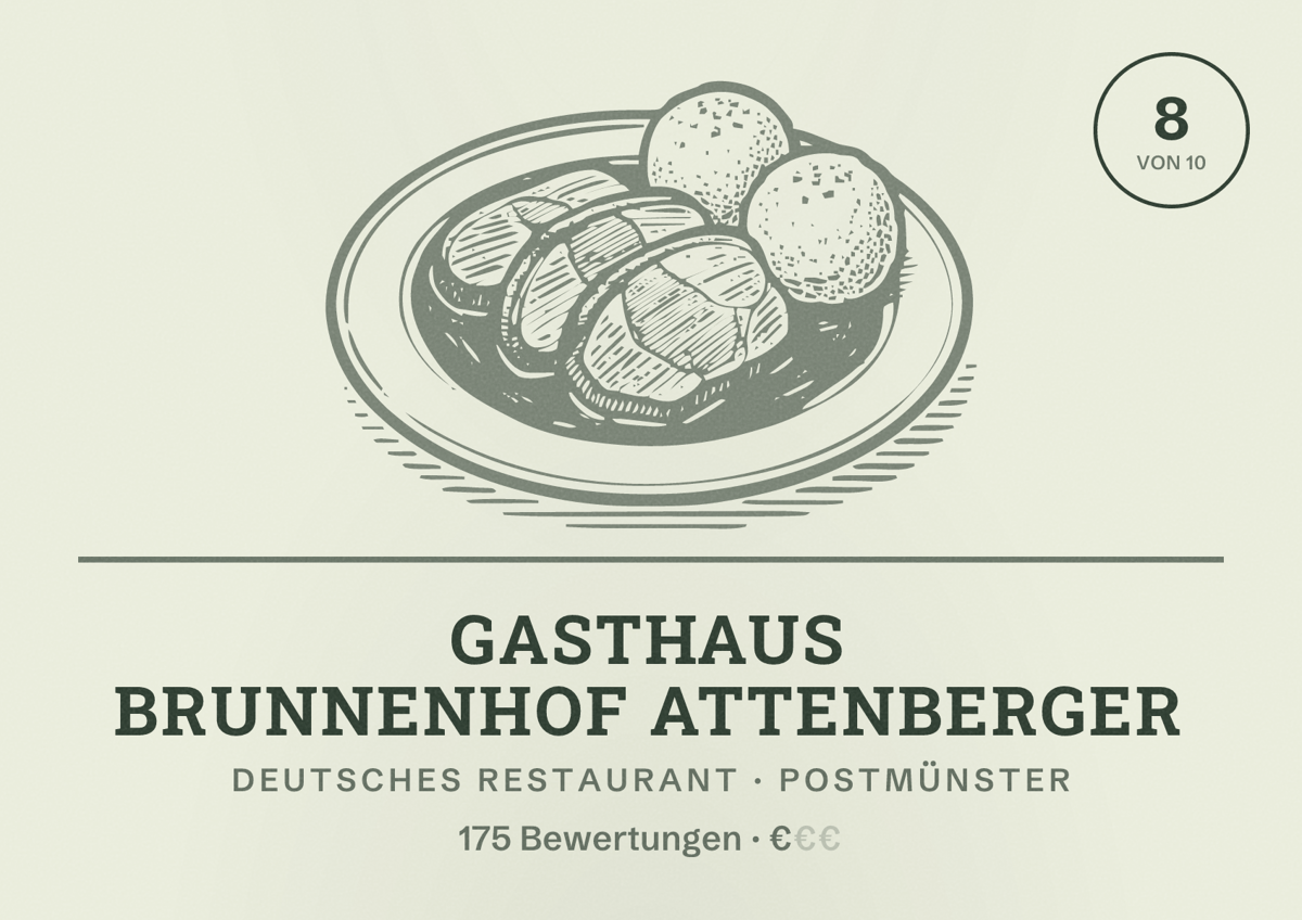 Illustriertes Poster von Gasthaus Brunnenhof Attenberger, Deutsches Restaurant in Postmünster: Bewertung 8 von 10 aus 175 Bewertungen, Preisniveau €