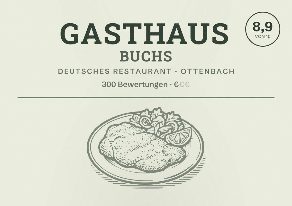 Illustriertes Poster von Gasthaus Buchs, Deutsches Restaurant in Ottenbach: Bewertung 8,9 von 10 aus 300 Bewertungen, Preisniveau €