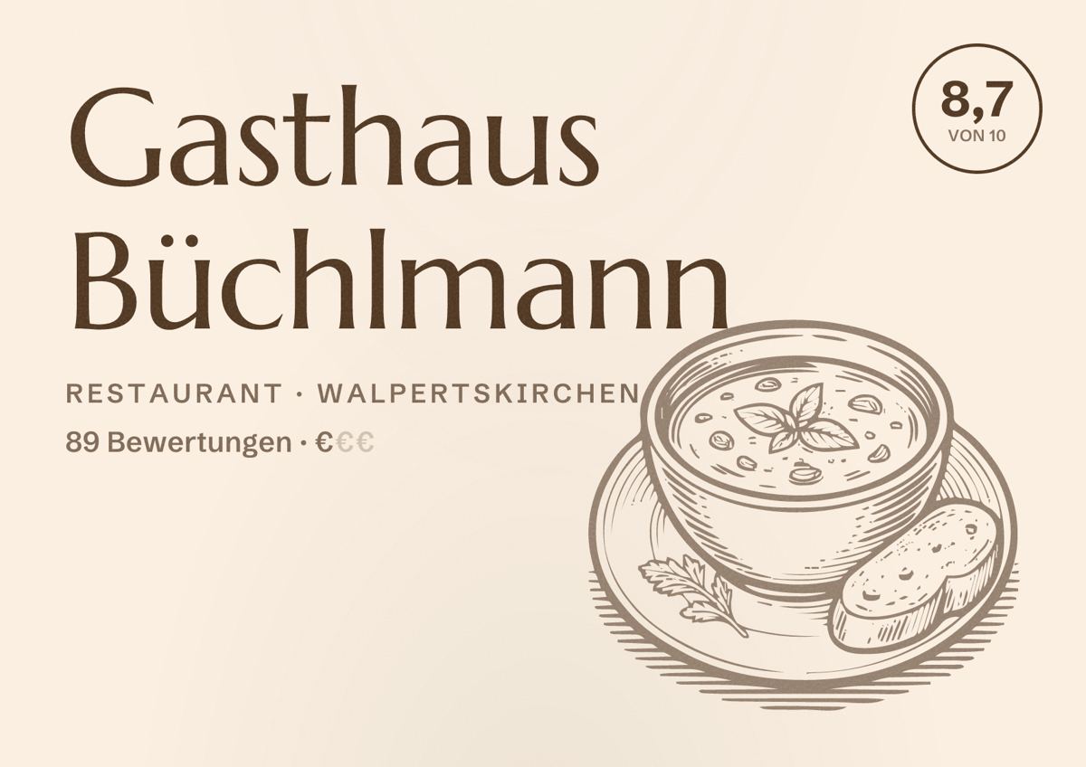 Illustriertes Poster von Gasthaus Büchlmann, Restaurant in Walpertskirchen: Bewertung 8,7 von 10 aus 89 Bewertungen, Preisniveau €