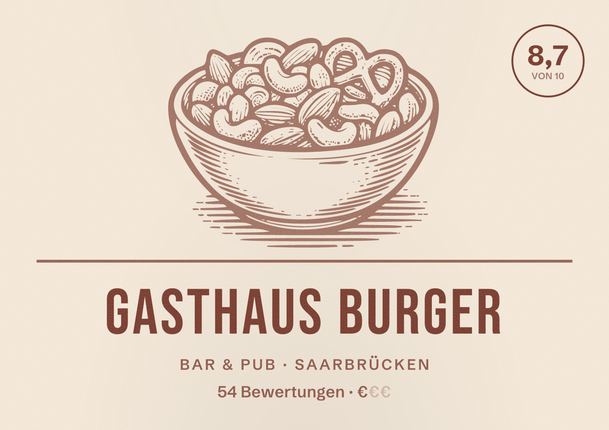 Illustriertes Poster von Gasthaus Burger, Bar & Pub in Saarbrücken: Bewertung 8,7 von 10 aus 54 Bewertungen, Preisniveau €