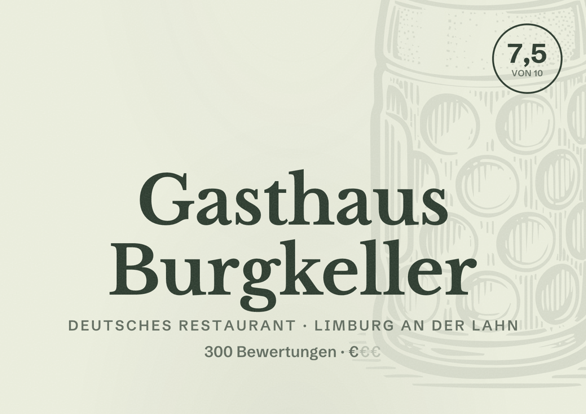 Illustriertes Poster von Gasthaus Burgkeller, Deutsches Restaurant in Limburg an der Lahn: Bewertung 7,5 von 10 aus 300 Bewertungen, Preisniveau €