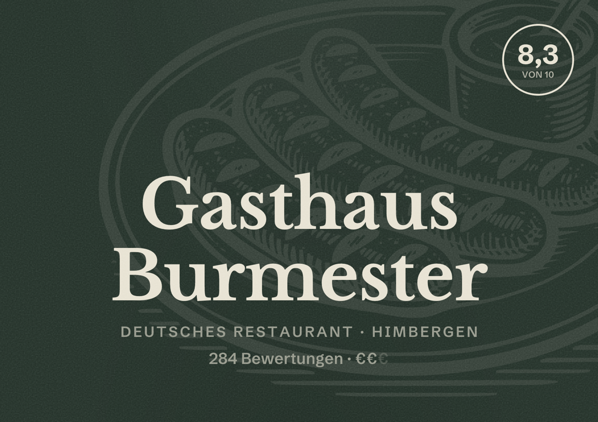 Illustriertes Poster von Gasthaus Burmester, Deutsches Restaurant in Himbergen: Bewertung 8,3 von 10 aus 284 Bewertungen, Preisniveau €€