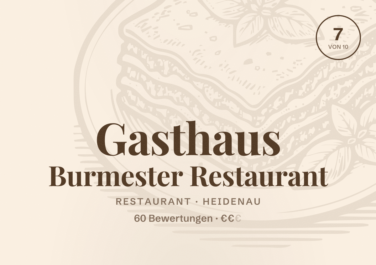 Illustriertes Poster von Gasthaus Burmester Restaurant, Restaurant in Heidenau: Bewertung 7 von 10 aus 60 Bewertungen, Preisniveau €€