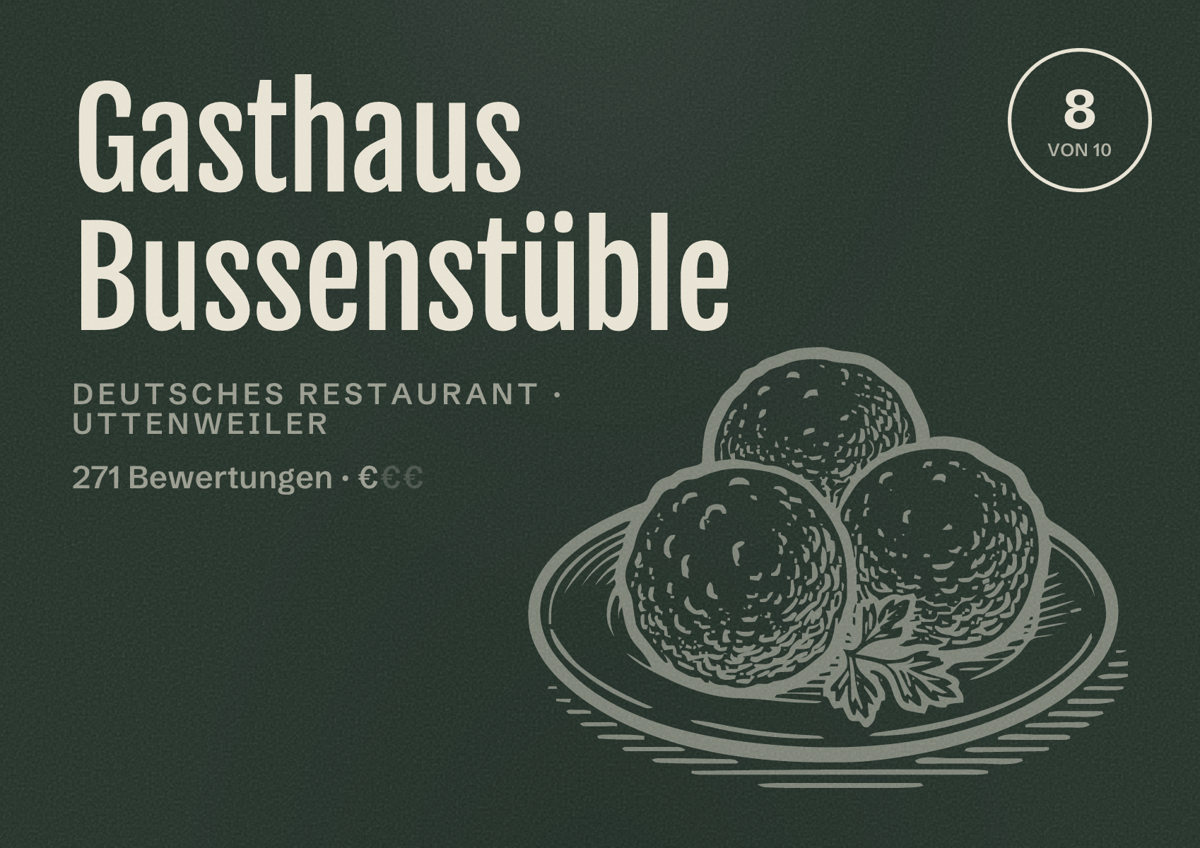 Illustriertes Poster von Gasthaus Bussenstüble, Deutsches Restaurant in Uttenweiler: Bewertung 8 von 10 aus 271 Bewertungen, Preisniveau €