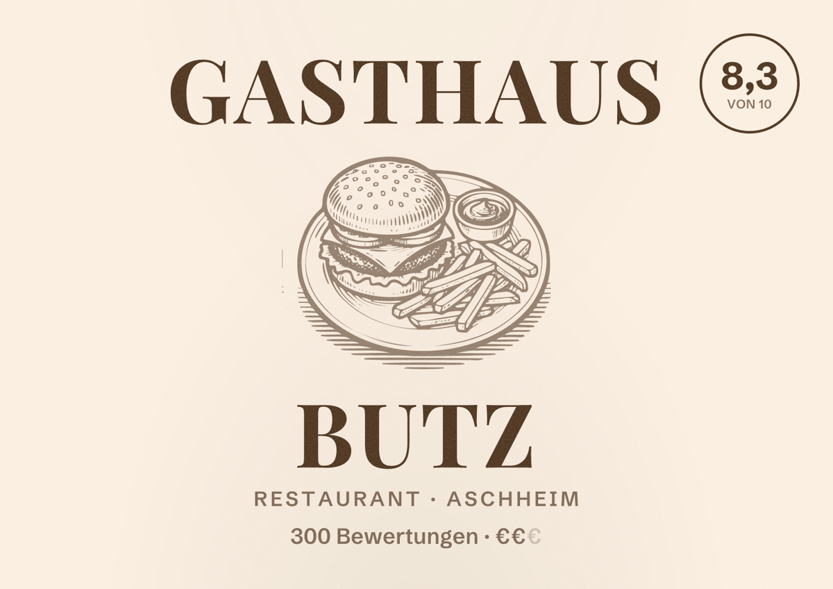 Illustriertes Poster von Gasthaus Butz, Restaurant in Aschheim: Bewertung 8,3 von 10 aus 300 Bewertungen, Preisniveau €€
