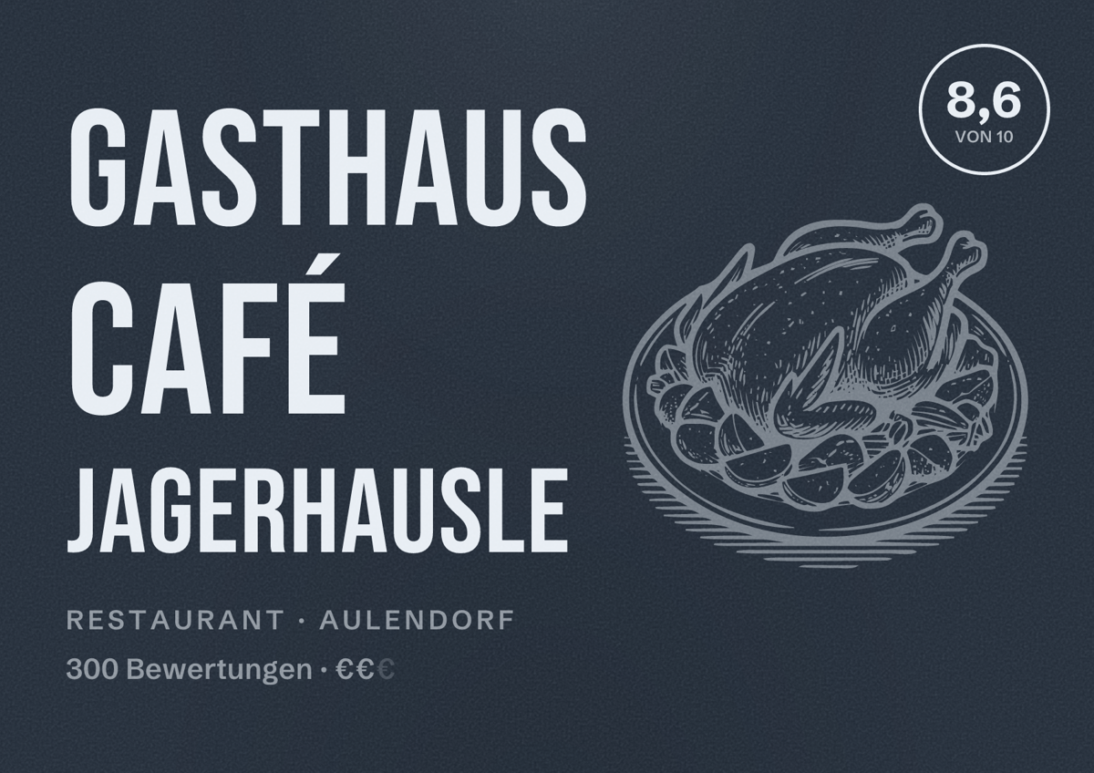 Illustriertes Poster von Gasthaus Café Jagerhausle, Restaurant in Aulendorf: Bewertung 8,6 von 10 aus 300 Bewertungen, Preisniveau €€
