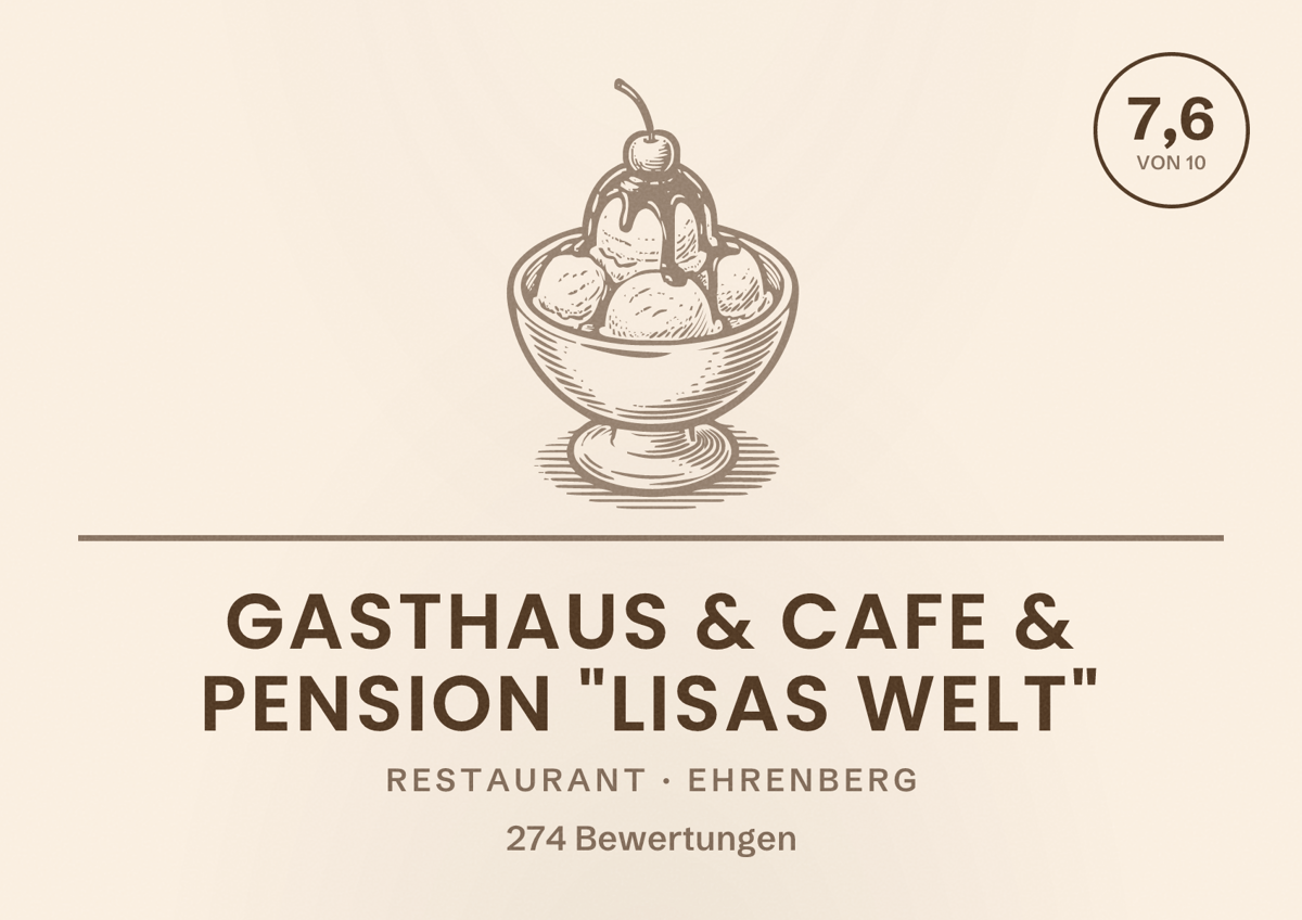 Illustriertes Poster von Gasthaus & Cafe & Pension "Lisas Welt", Restaurant in Ehrenberg: Bewertung 7,6 von 10 aus 274 Bewertungen
