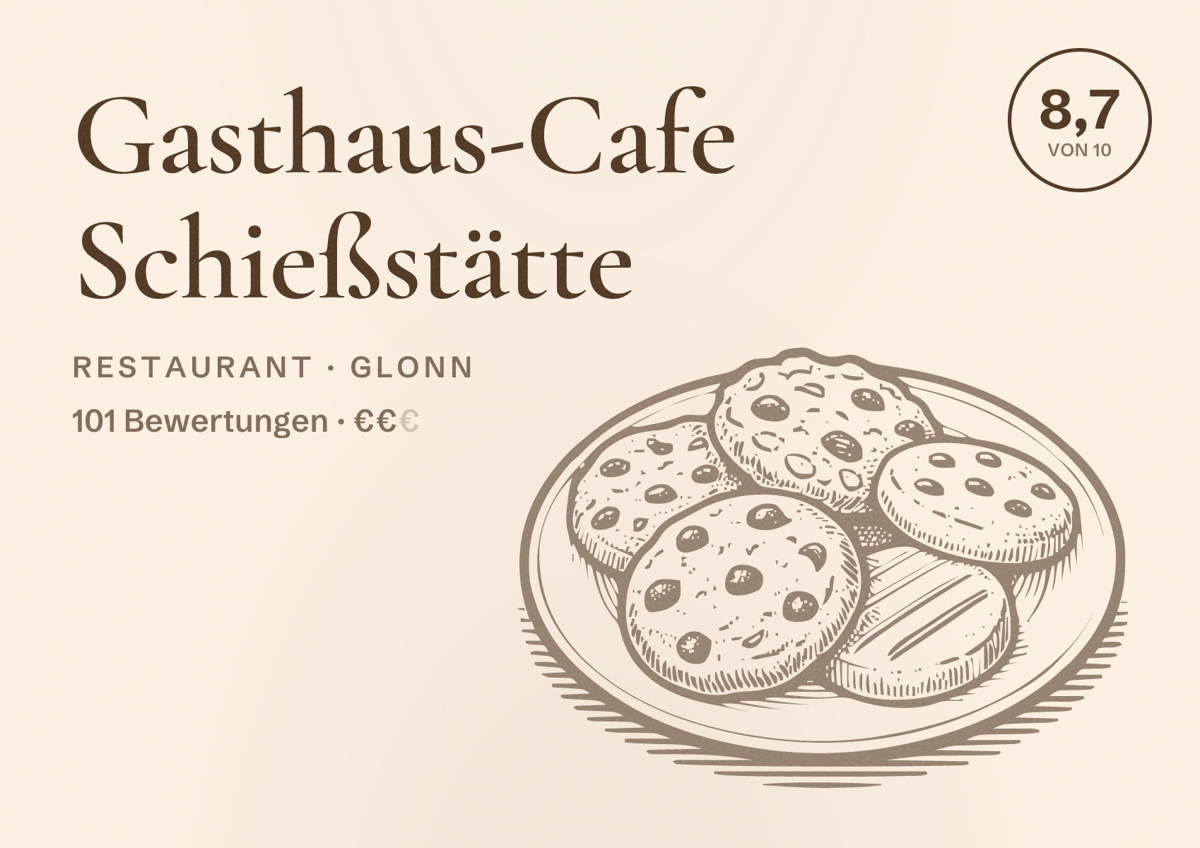 Illustriertes Poster von Gasthaus-Cafe Schießstätte, Restaurant in Glonn: Bewertung 8,7 von 10 aus 101 Bewertungen, Preisniveau €€