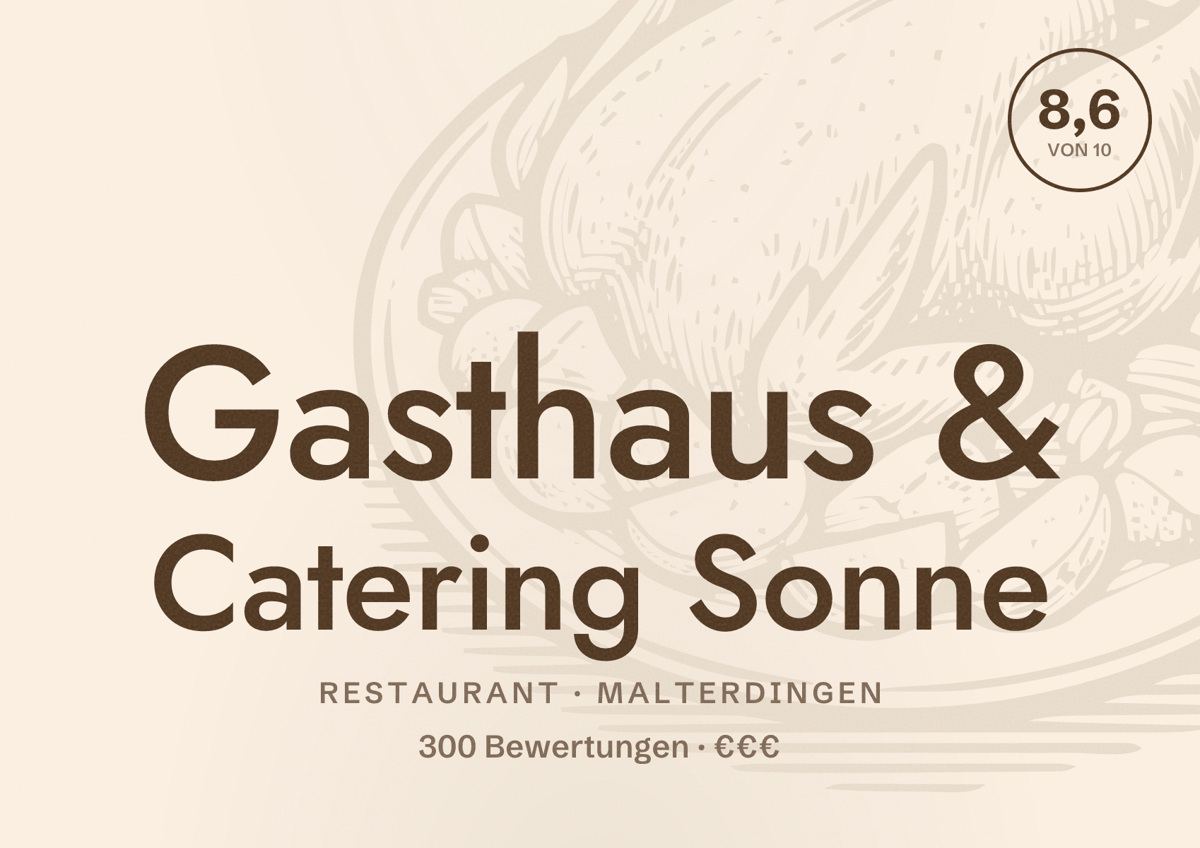 Illustriertes Poster von Gasthaus & Catering Sonne, Restaurant in Malterdingen: Bewertung 8,6 von 10 aus 300 Bewertungen, Preisniveau €€€
