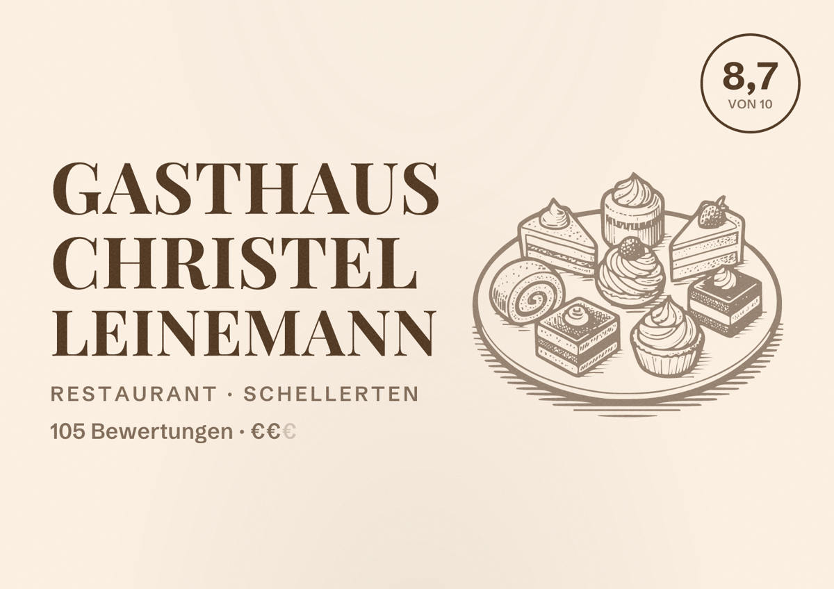 Illustriertes Poster von Gasthaus Christel Leinemann, Restaurant in Schellerten: Bewertung 8,7 von 10 aus 105 Bewertungen, Preisniveau €€