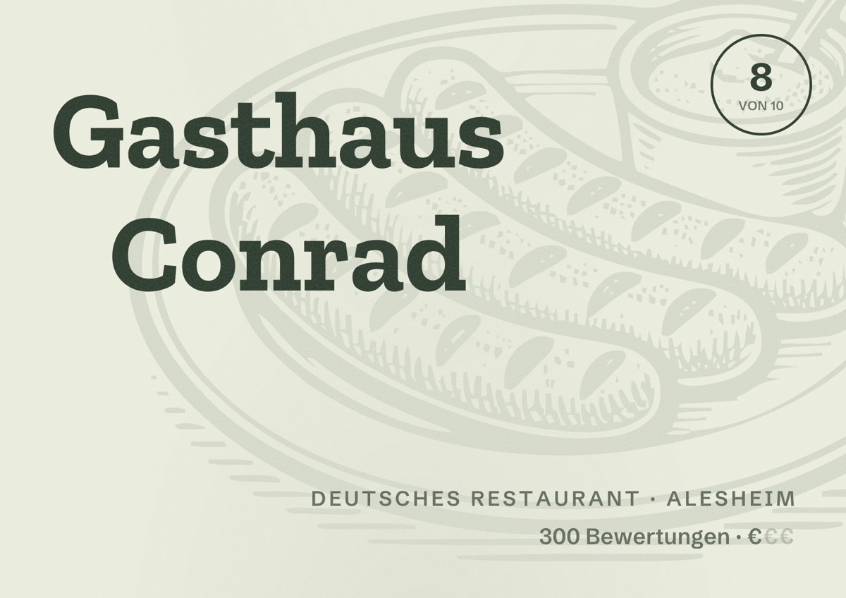 Illustriertes Poster von Gasthaus Conrad, Deutsches Restaurant in Alesheim: Bewertung 8 von 10 aus 300 Bewertungen, Preisniveau €