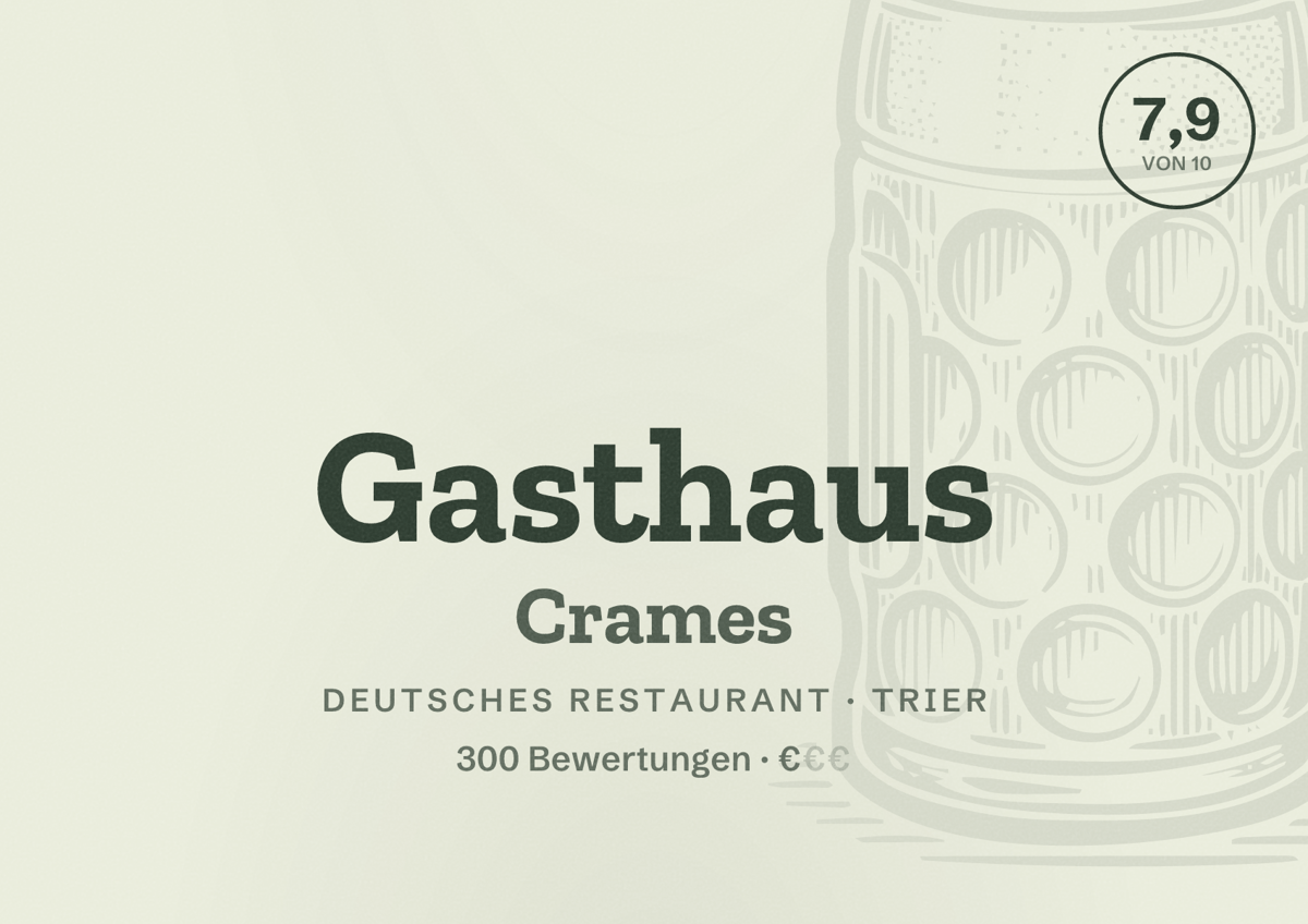Illustriertes Poster von Gasthaus Crames, Deutsches Restaurant in Trier: Bewertung 7,9 von 10 aus 300 Bewertungen, Preisniveau €