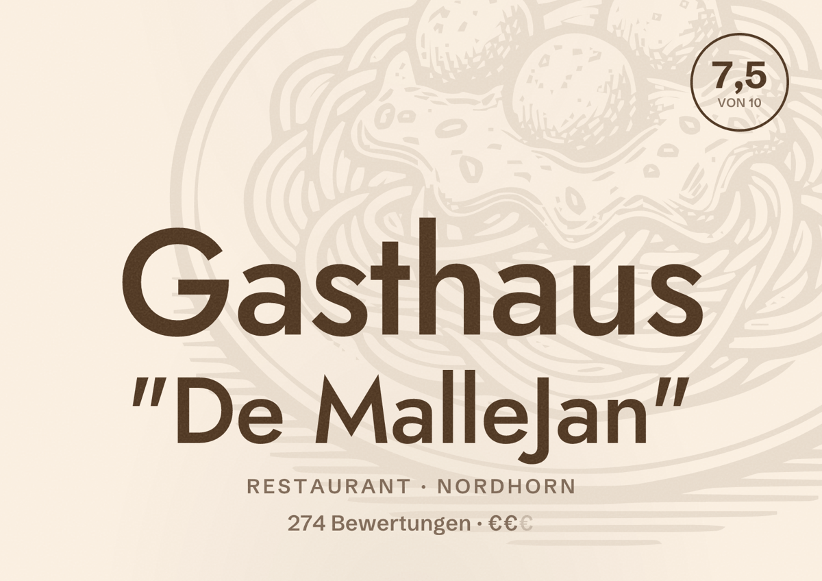 Illustriertes Poster von Gasthaus "De MalleJan", Restaurant in Nordhorn: Bewertung 7,5 von 10 aus 274 Bewertungen, Preisniveau €€