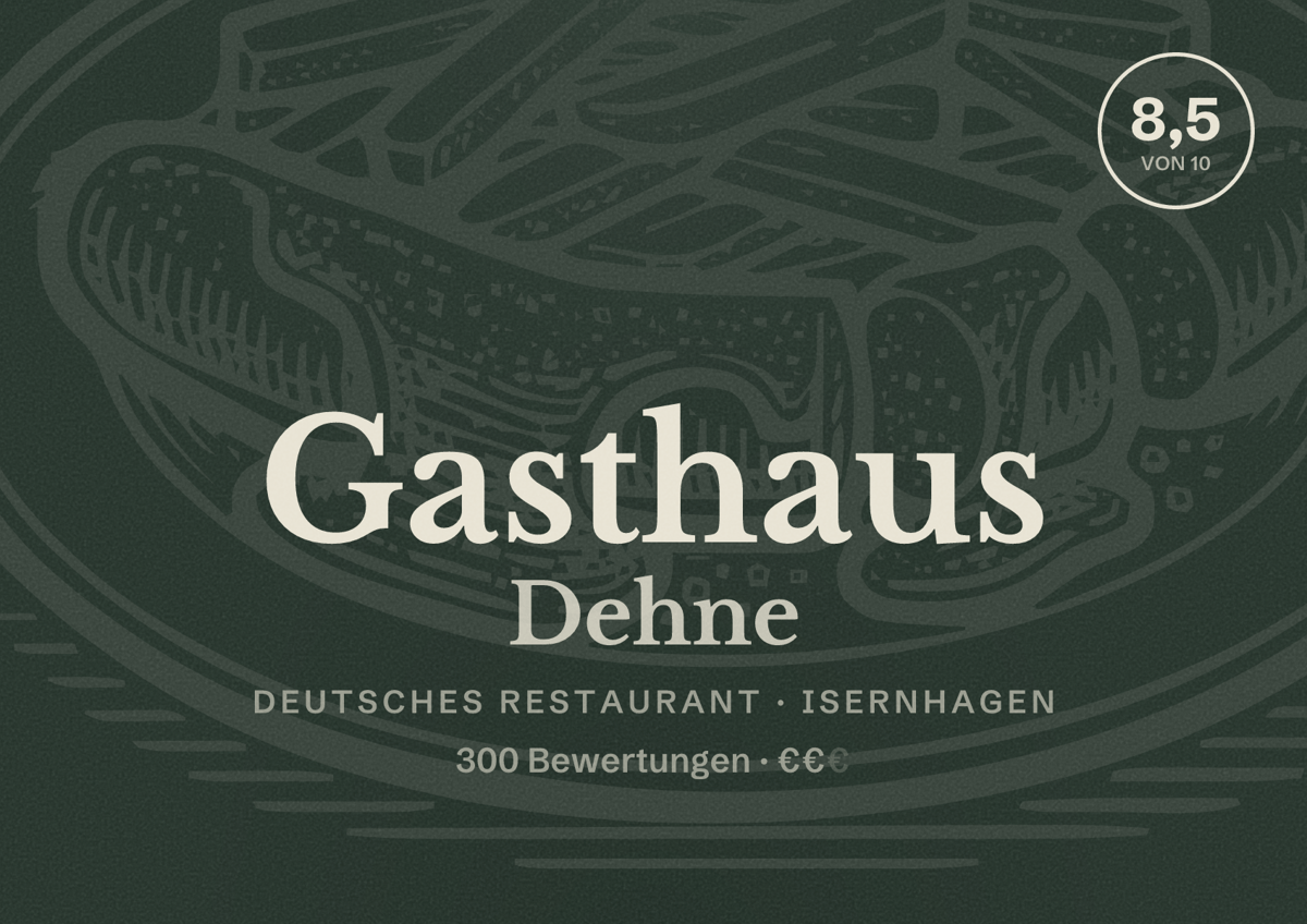 Illustriertes Poster von Gasthaus Dehne, Deutsches Restaurant in Isernhagen: Bewertung 8,5 von 10 aus 300 Bewertungen, Preisniveau €€