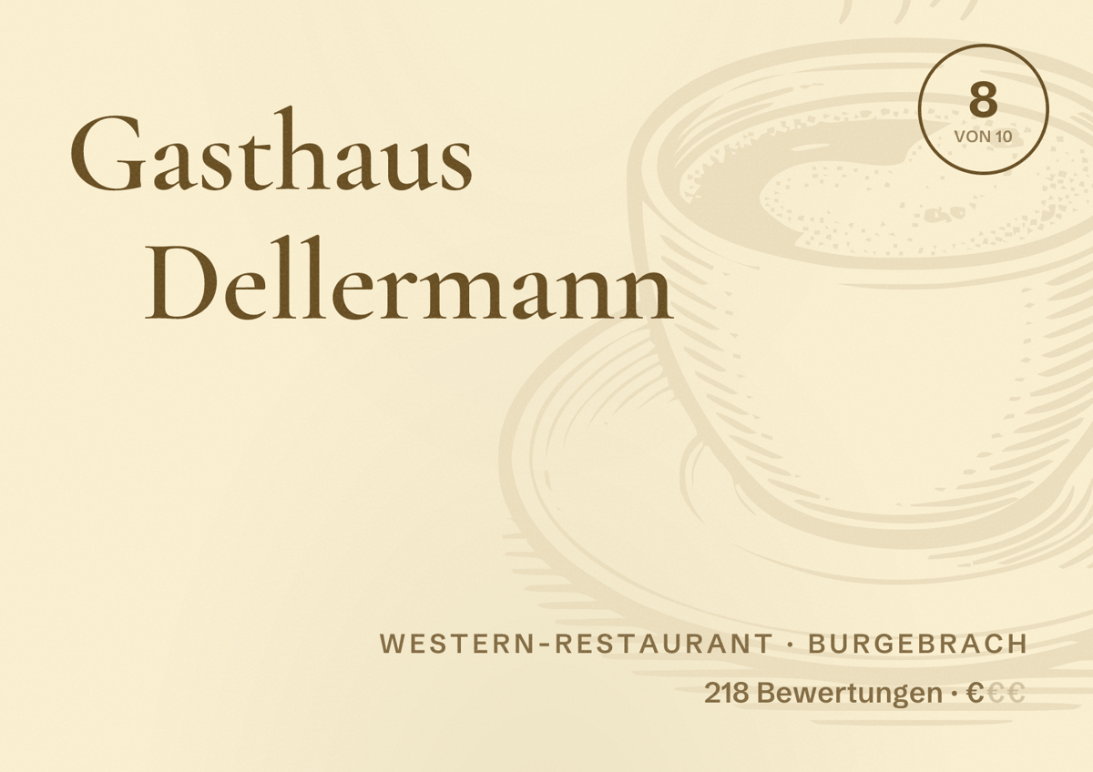 Illustriertes Poster von Gasthaus Dellermann, Western-Restaurant in Burgebrach: Bewertung 8 von 10 aus 218 Bewertungen, Preisniveau €