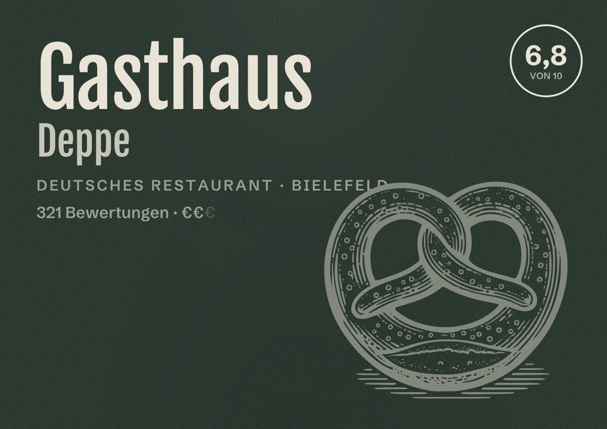 Illustriertes Poster von Gasthaus Deppe, Deutsches Restaurant in Bielefeld: Bewertung 6,8 von 10 aus 321 Bewertungen, Preisniveau €€