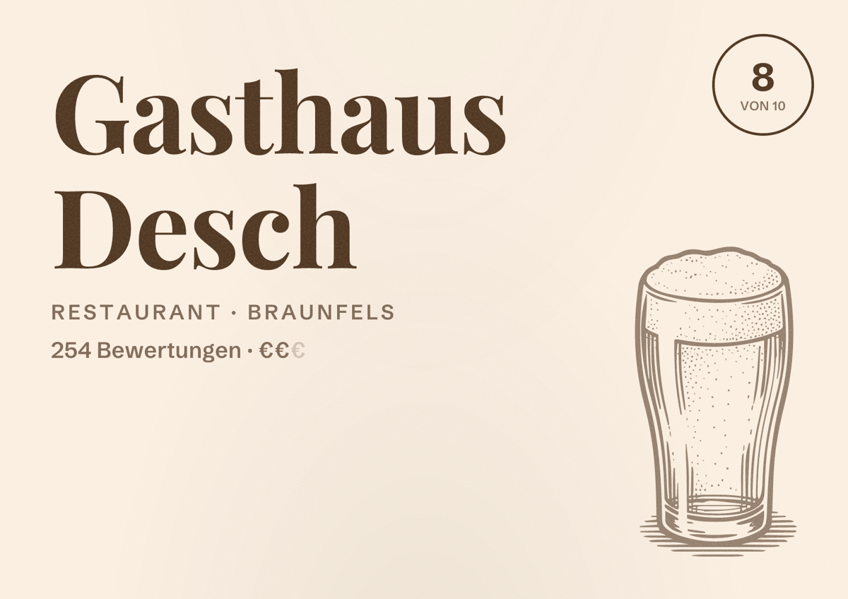 Illustriertes Poster von Gasthaus Desch, Restaurant in Braunfels: Bewertung 8 von 10 aus 254 Bewertungen, Preisniveau €€