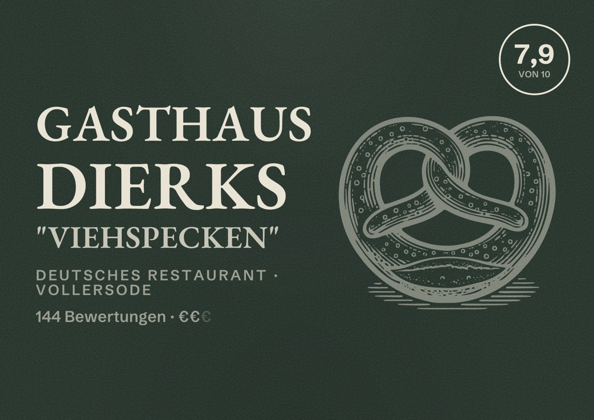 Illustriertes Poster von Gasthaus Dierks "Viehspecken", Deutsches Restaurant in Vollersode: Bewertung 7,9 von 10 aus 144 Bewertungen, Preisniveau €€