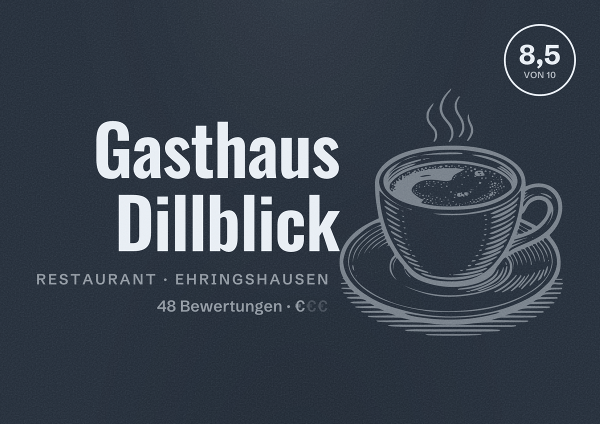 Illustriertes Poster von Gasthaus Dillblick, Restaurant in Ehringshausen: Bewertung 8,5 von 10 aus 48 Bewertungen, Preisniveau €