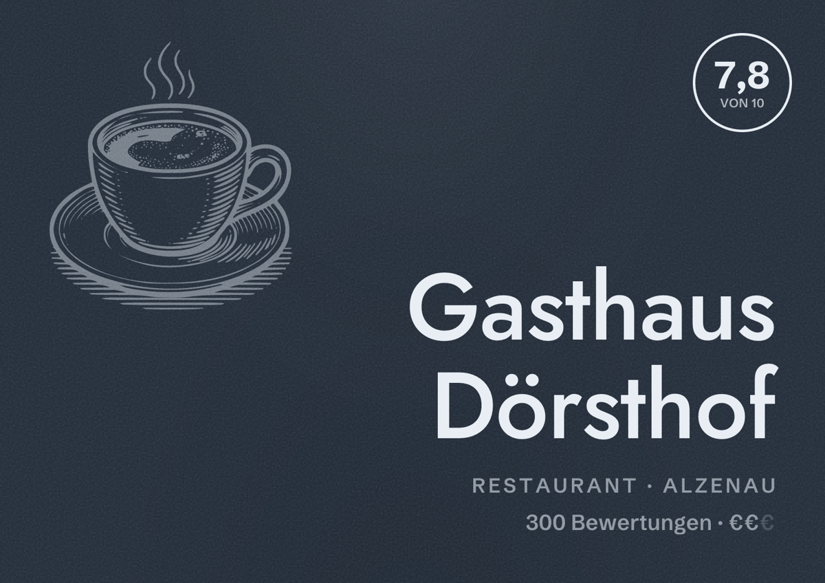Illustriertes Poster von Gasthaus Dörsthof, Restaurant in Alzenau: Bewertung 7,8 von 10 aus 300 Bewertungen, Preisniveau €€