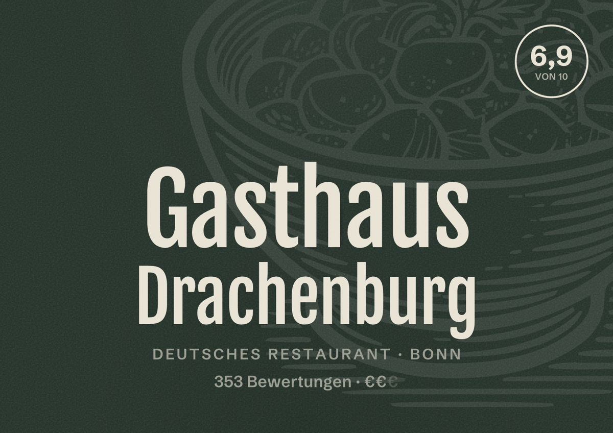 Illustriertes Poster von Gasthaus Drachenburg, Deutsches Restaurant in Bonn: Bewertung 6,9 von 10 aus 353 Bewertungen, Preisniveau €€
