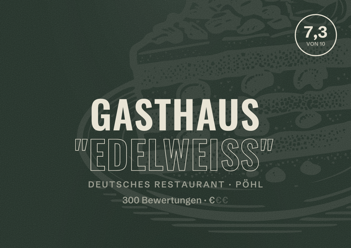 Illustriertes Poster von Gasthaus "Edelweiß", Deutsches Restaurant in Pöhl: Bewertung 7,3 von 10 aus 300 Bewertungen, Preisniveau €