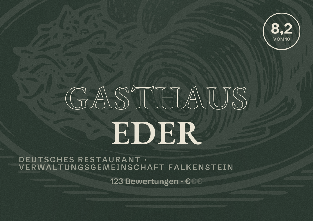Illustriertes Poster von Gasthaus Eder, Deutsches Restaurant in Verwaltungsgemeinschaft Falkenstein: Bewertung 8,2 von 10 aus 123 Bewertungen, Preisniveau €