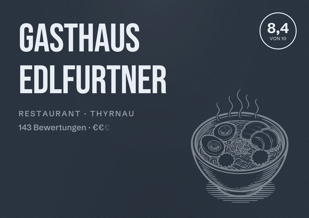 Illustriertes Poster von Gasthaus Edlfurtner, Restaurant in Thyrnau: Bewertung 8,4 von 10 aus 143 Bewertungen, Preisniveau €€