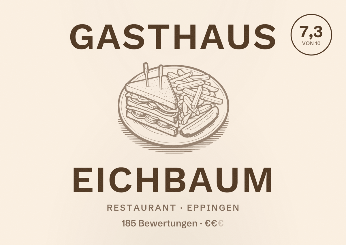 Illustriertes Poster von Gasthaus Eichbaum, Restaurant in Eppingen: Bewertung 7,3 von 10 aus 185 Bewertungen, Preisniveau €€