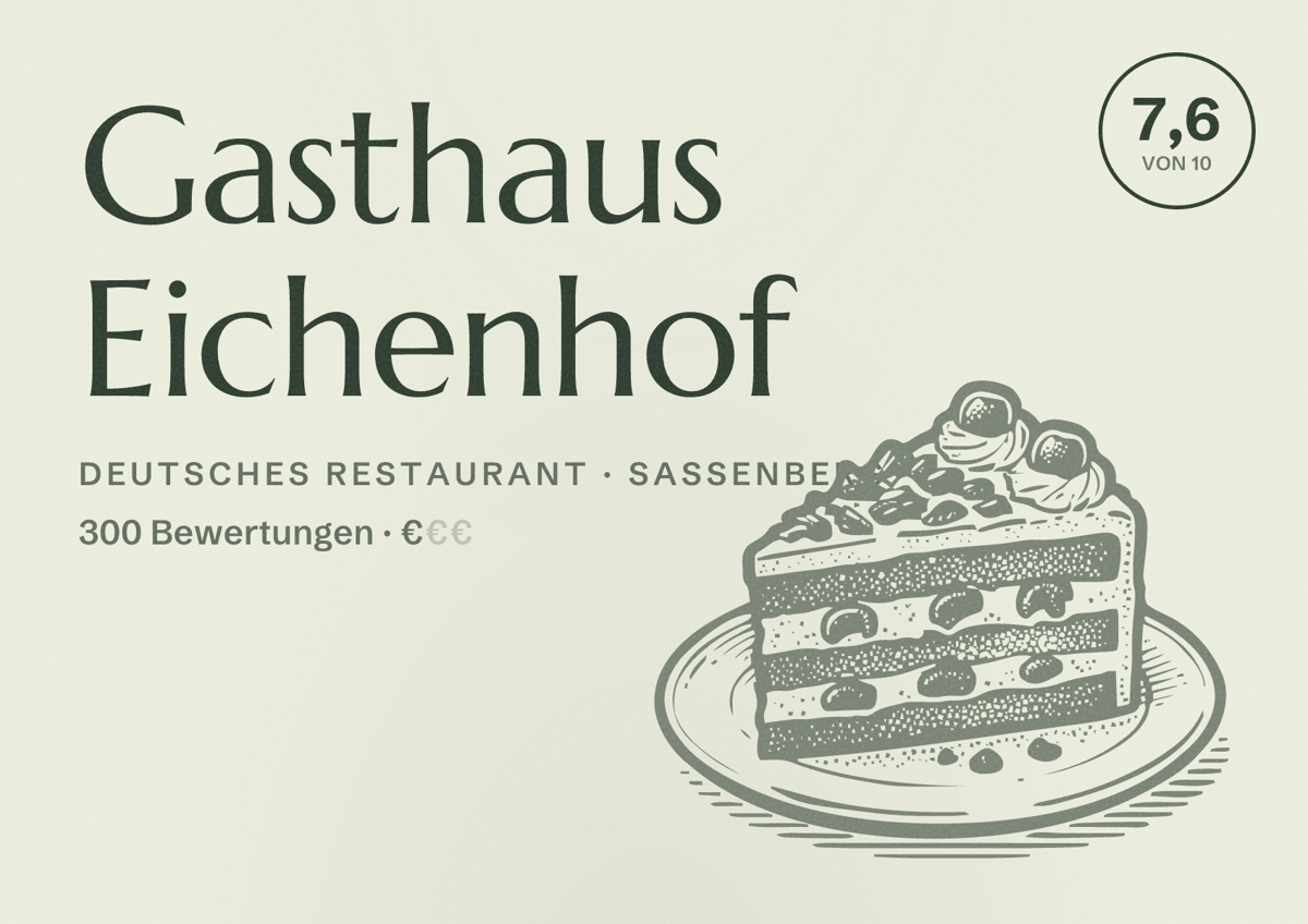 Illustriertes Poster von Gasthaus Eichenhof, Deutsches Restaurant in Sassenberg: Bewertung 7,6 von 10 aus 300 Bewertungen, Preisniveau €