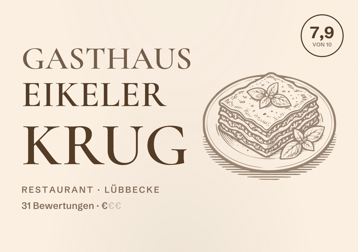 Illustriertes Poster von Gasthaus Eikeler Krug, Restaurant in Lübbecke: Bewertung 7,9 von 10 aus 31 Bewertungen, Preisniveau €